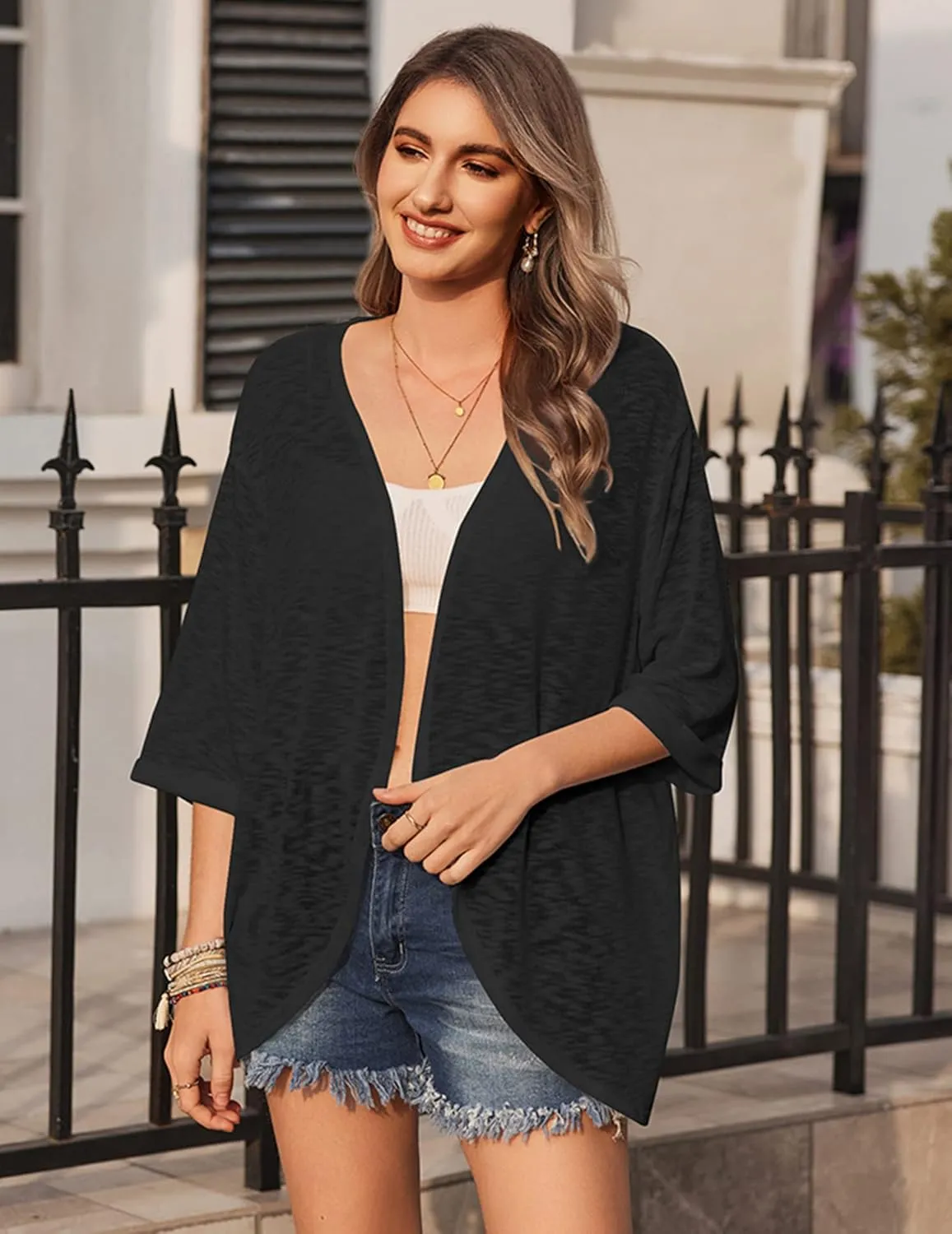 HOTOUCH Womens Lightweight Cardigan Open Front 3/4 Sleeve Casual Loose Fit Beach Cover Up