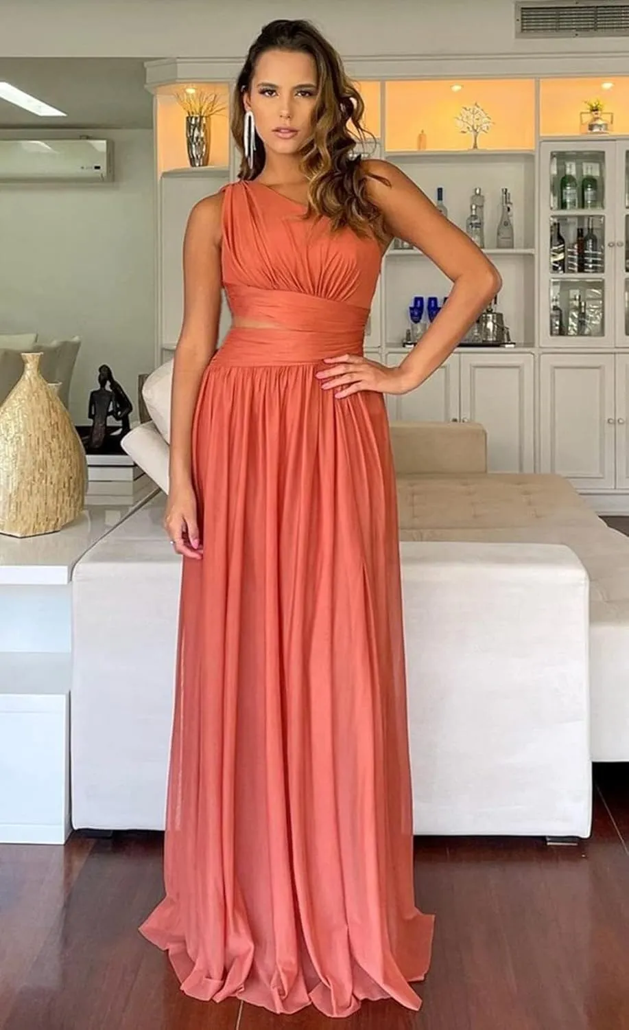 IIF One Shoulder Bridesmaid Dresses with Slit Long Chiffon Cutout Pleated Formal Prom Dress with Pockets IIF080
