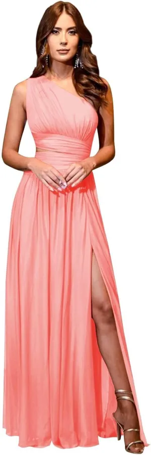 IIF One Shoulder Bridesmaid Dresses with Slit Long Chiffon Cutout Pleated Formal Prom Dress with Pockets IIF080
