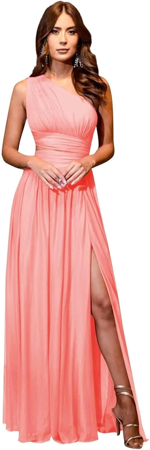 IIF One Shoulder Bridesmaid Dresses with Slit Long Chiffon Cutout Pleated Formal Prom Dress with Pockets IIF080
