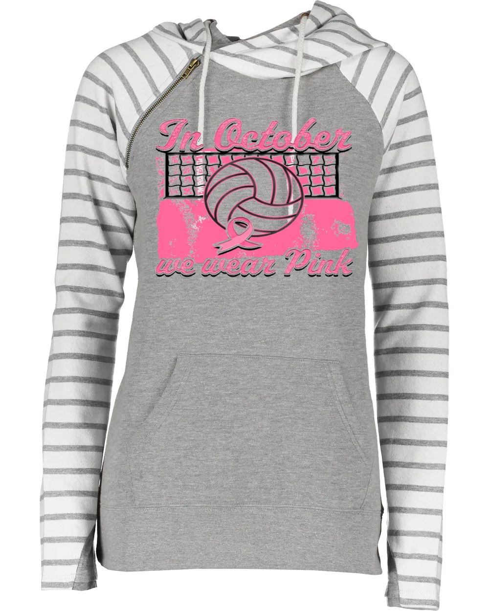In Oct We Wear Pink Distressed Net Volleyball Pink Out Breast Cancer Awareness Women's Cowl Double Hood Top