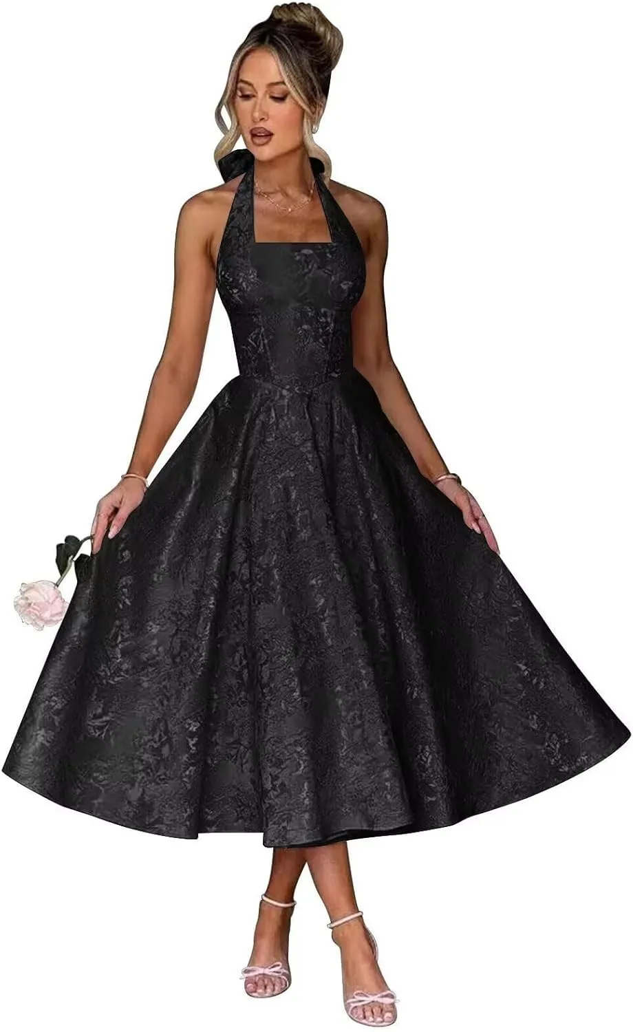 Jacquard Satin Prom Dresses 2025 with Bow A-line Midi Halter Square Neck Formal Party Gowns with Pockets