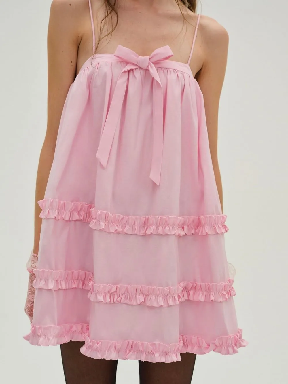 Juakoso Women Y2k Cute Babydoll Mini Dress Bow Tie A-Line Ruffle Short Dress Fairycore Backless Flowy Sun Dress