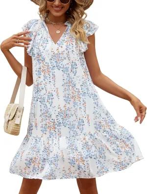 KOJOOIN Women's Babydoll Mini Dress Summer V Neck Flutter Sleeve Boho Floral Flowy Shift Short Dress