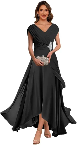 Lace Applique Chiffon Mother of The Bride Dresses Cap Sleeves Evening Gown V Neck Formal Dress for Wedding QA213