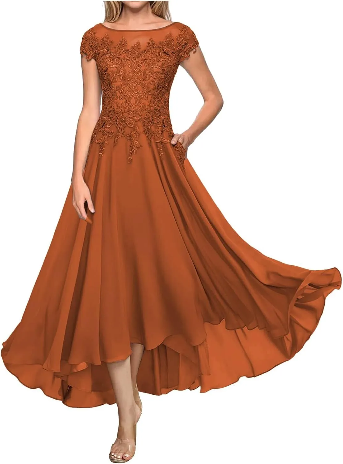 Lace Appliques Chiffon Mother of The Bride Dresses Tea Length Boat Neck A-Line Evening Gown Wedding Guest Formal Dress