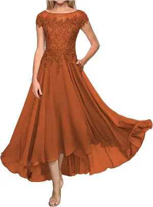 Lace Appliques Chiffon Mother of The Bride Dresses Tea Length Boat Neck A-Line Evening Gown Wedding Guest Formal Dress