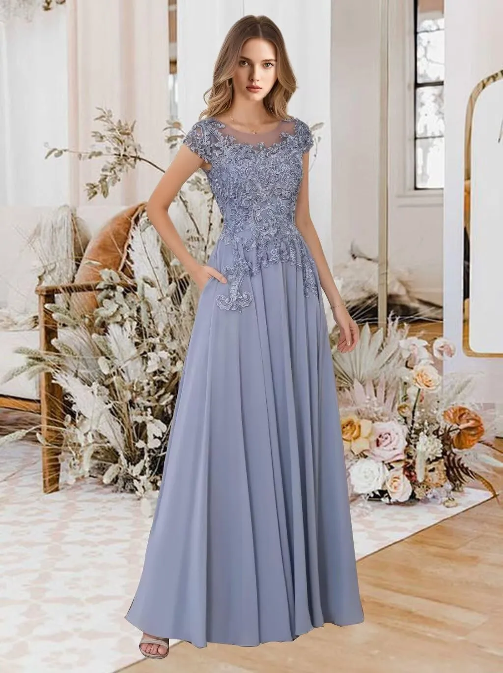 Lace Appliques Mother of The Bride Dresses for Wedding Short Sleeve Chiffon Formal Evening Gowns for Women