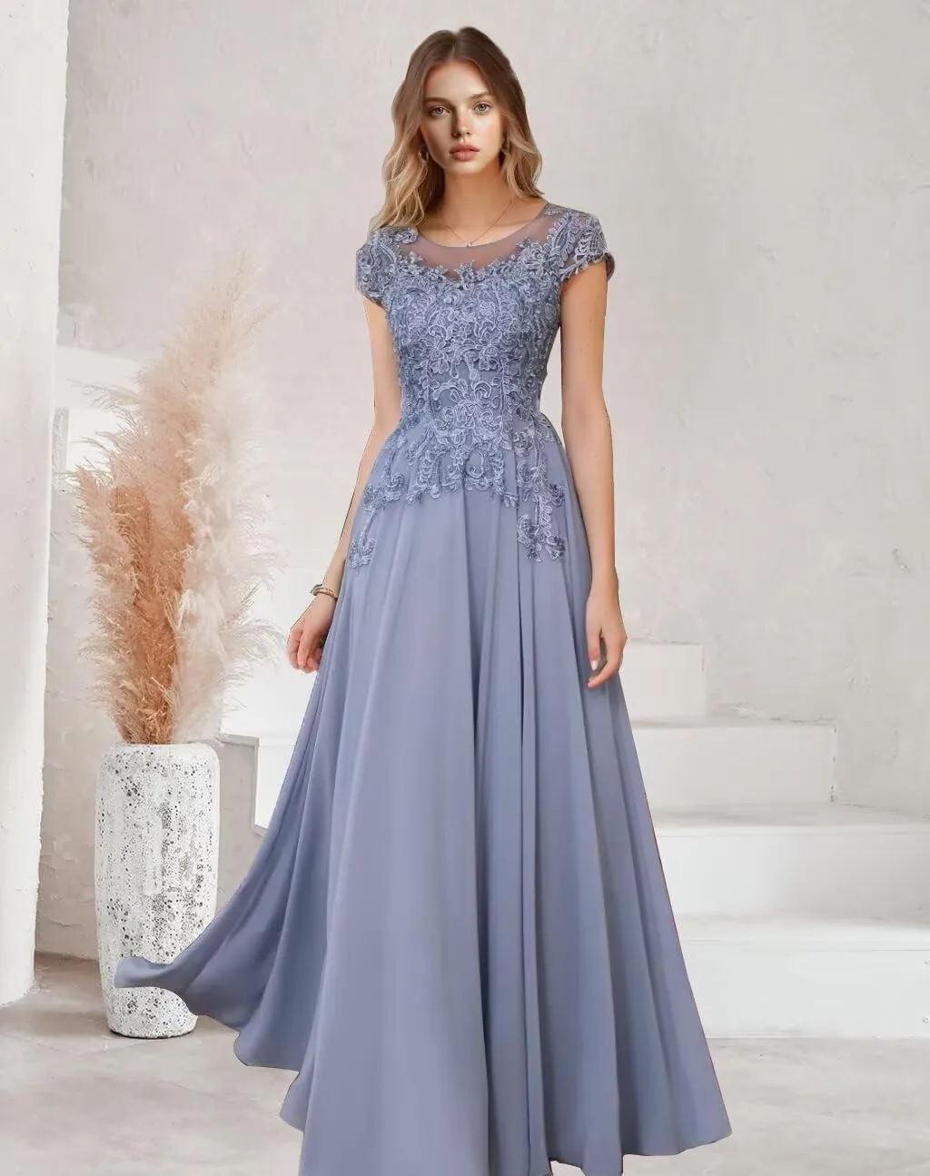 Lace Appliques Mother of The Bride Dresses for Wedding Short Sleeve Chiffon Formal Evening Gowns for Women