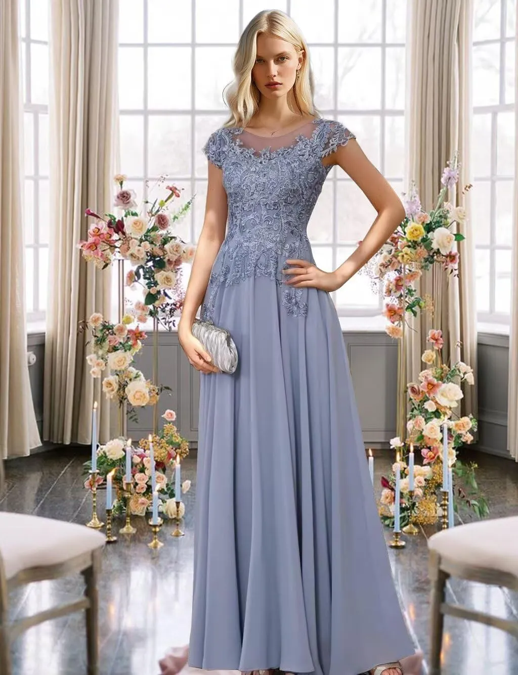 Lace Appliques Mother of The Bride Dresses for Wedding Short Sleeve Chiffon Formal Evening Gowns for Women