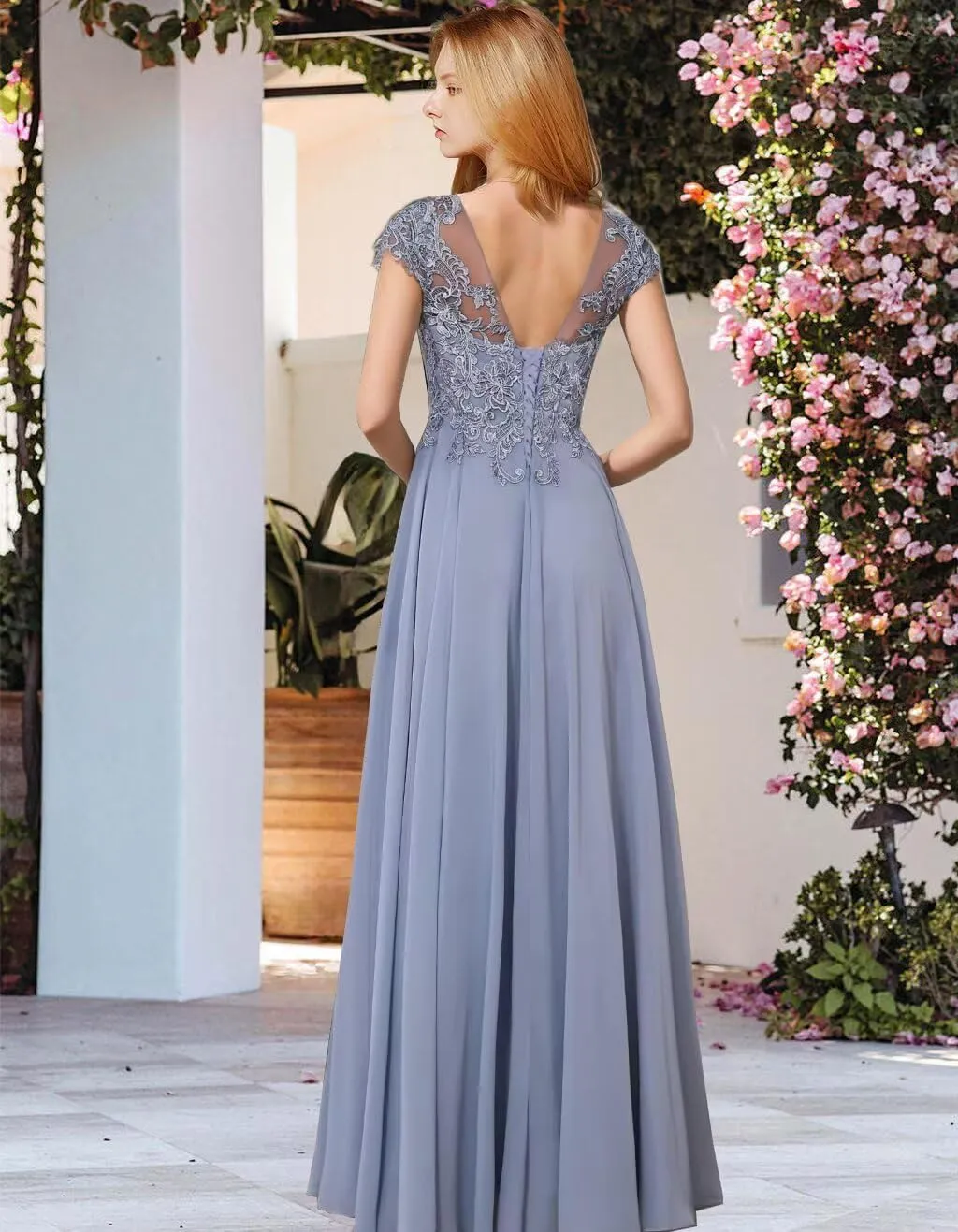 Lace Appliques Mother of The Bride Dresses for Wedding Short Sleeve Chiffon Formal Evening Gowns for Women