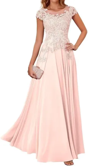 Lace Appliques Mother of The Bride Dresses for Wedding Short Sleeve Chiffon Formal Evening Gowns for Women