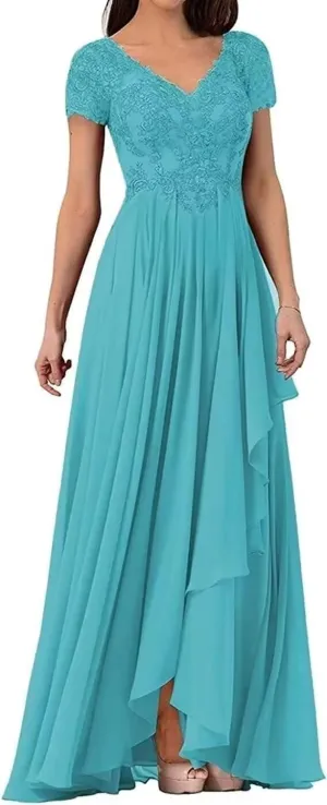 Lace Appliques Mother of The Bride Dresses Long Ruffles Chiffon Evening Dresses with Sleeves