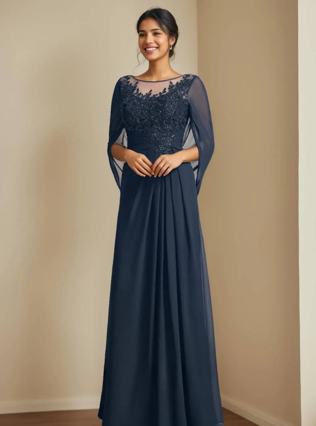 Lace Mother of The Bride Dresses with Cape Chiffon Illusion Long Evening Gowns Sequins Grandmother of Groom Dress