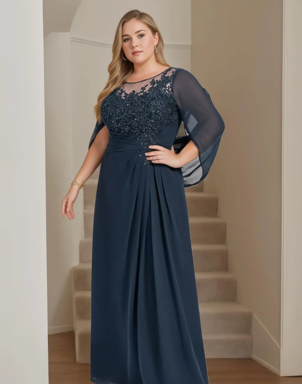 Lace Mother of The Bride Dresses with Cape Chiffon Illusion Long Evening Gowns Sequins Grandmother of Groom Dress
