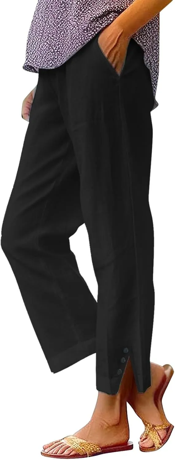 Linen Pants for Women Trendy Solid Straight Elastic Pant Long Drawstring Waist Cotton Casual Slit Plus Size Trousers