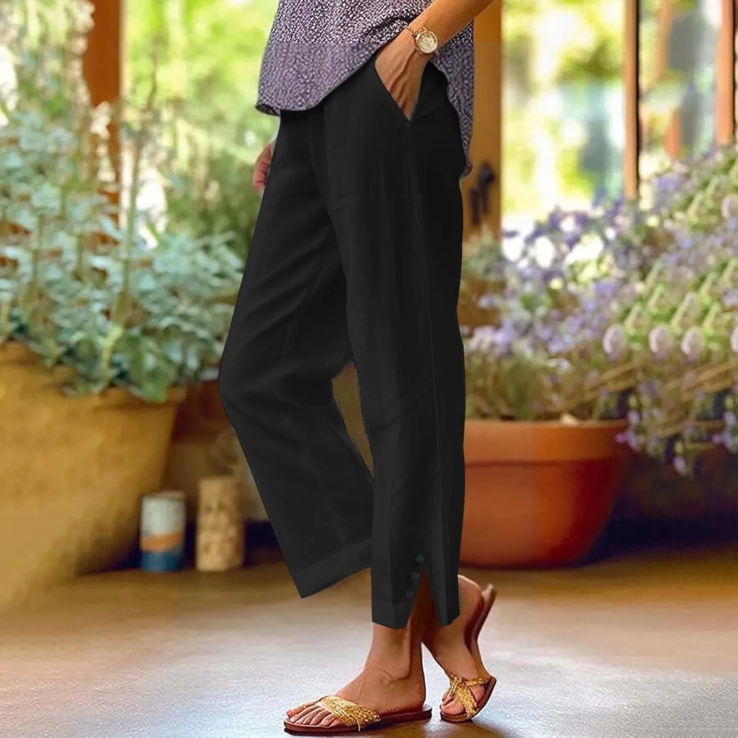 Linen Pants for Women Trendy Solid Straight Elastic Pant Long Drawstring Waist Cotton Casual Slit Plus Size Trousers