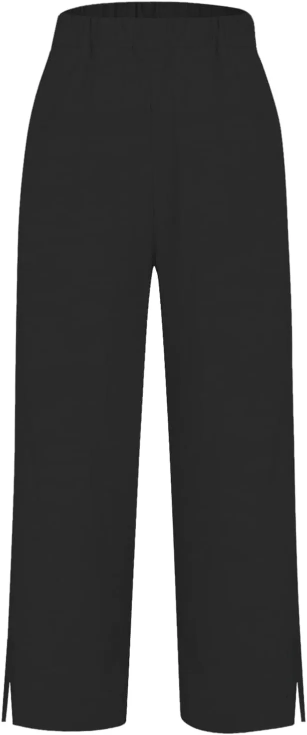 Linen Pants for Women Trendy Solid Straight Elastic Pant Long Drawstring Waist Cotton Casual Slit Plus Size Trousers