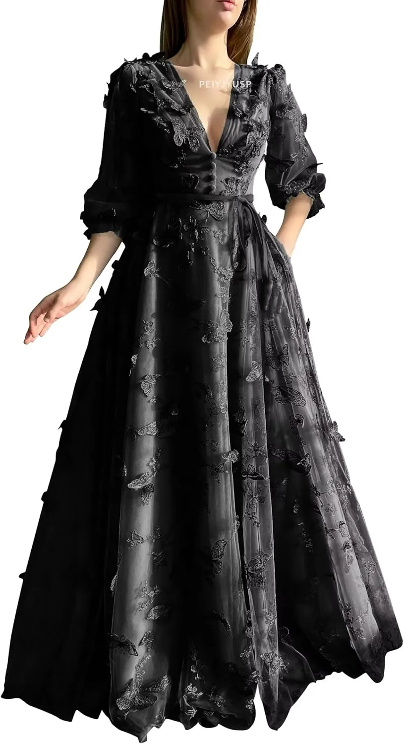 Long Sleeve Prom Dress 3D Butterfly Tulle Ball Gown for Women 2025 V Neck Puffy Formal Evening Gowns with Pockets