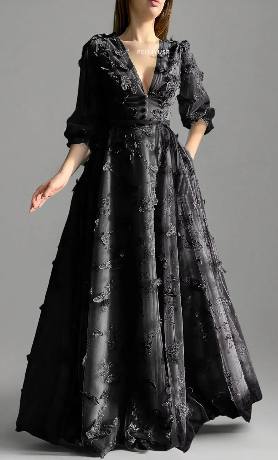 Long Sleeve Prom Dress 3D Butterfly Tulle Ball Gown for Women 2025 V Neck Puffy Formal Evening Gowns with Pockets