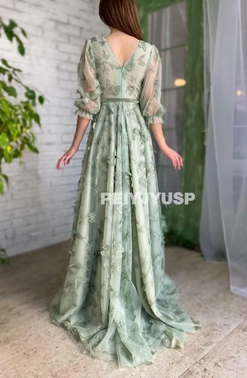 Long Sleeve Prom Dress 3D Butterfly Tulle Ball Gown for Women 2025 V Neck Puffy Formal Evening Gowns with Pockets