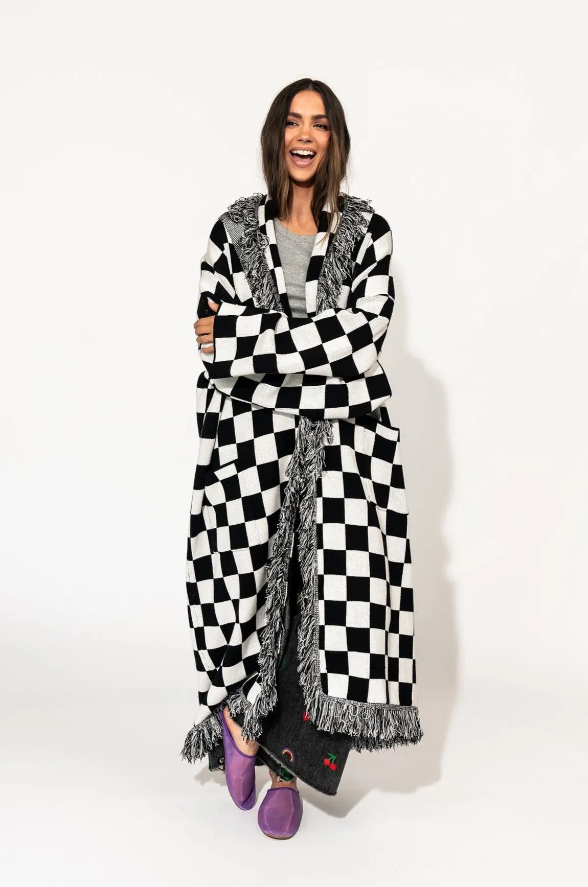 Luxe Fringe Blanket Cardigan in Black   White Check