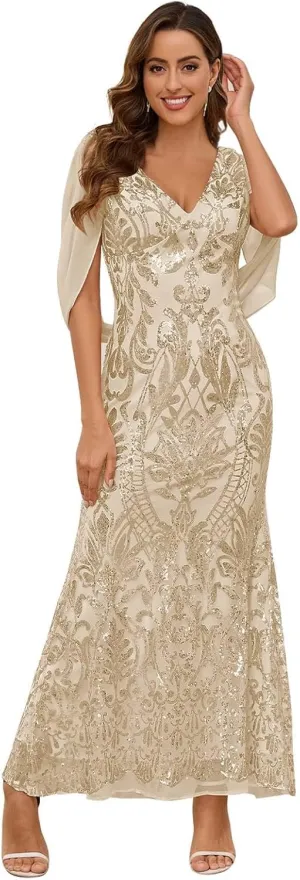 MAGGCIF Sequin Mother of The Bride Dresses for Wedding with Cape Sleeves Chiffon Mermaid Evening Formal Wedding Dress