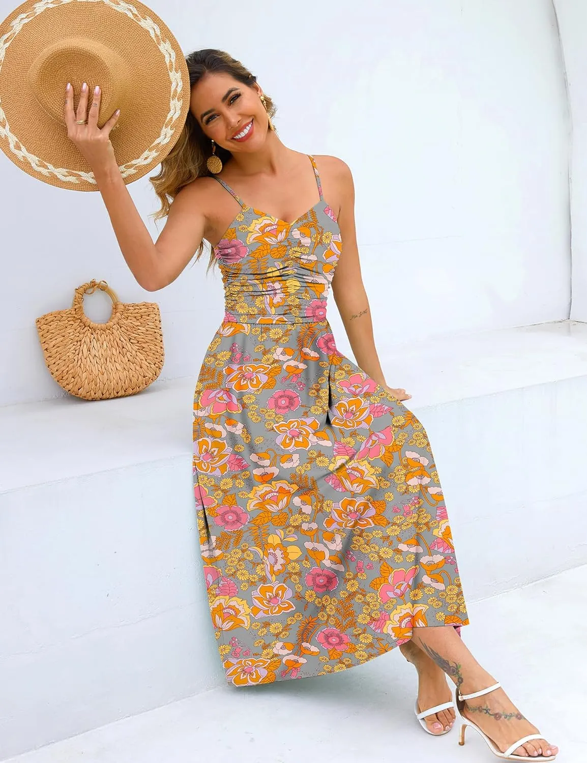 Maggeer Women's 2025 Summer Adjustable Spaghetti Strap Ruched Maxi Dress Floral Beach Boho Long Sundress with Pockets