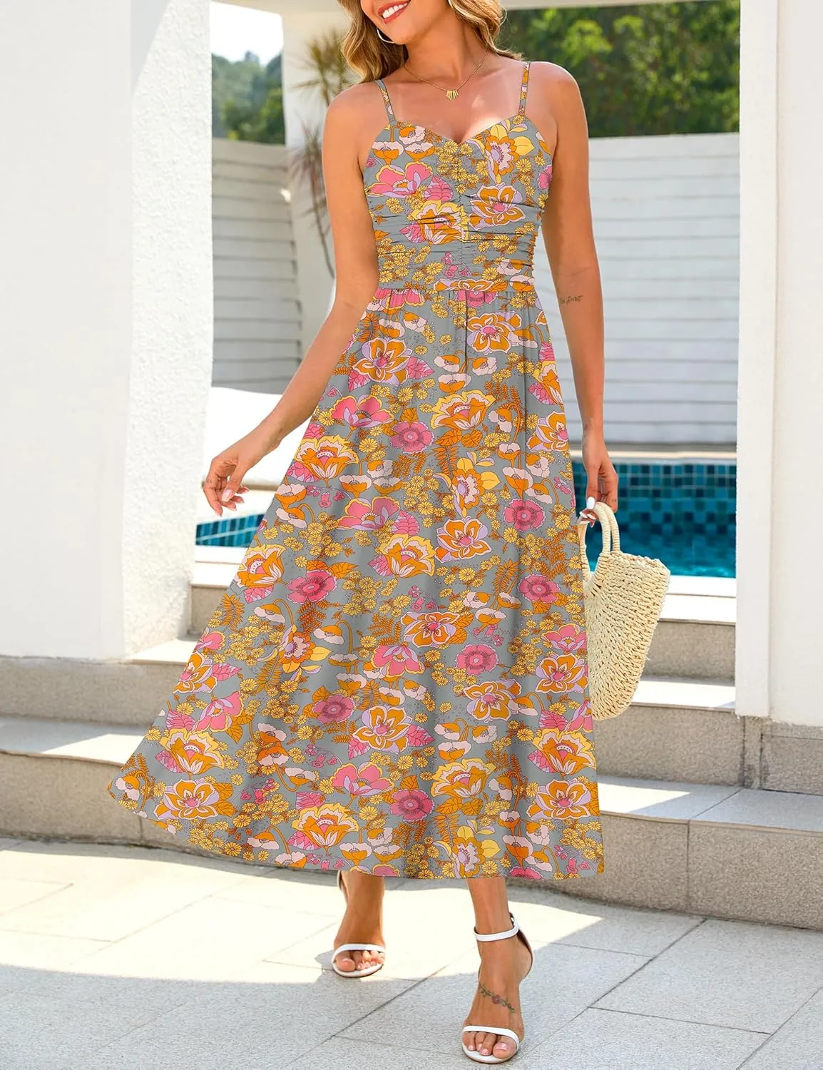 Maggeer Women's 2025 Summer Adjustable Spaghetti Strap Ruched Maxi Dress Floral Beach Boho Long Sundress with Pockets