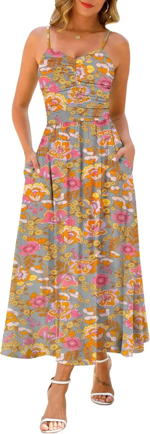 Maggeer Women's 2025 Summer Adjustable Spaghetti Strap Ruched Maxi Dress Floral Beach Boho Long Sundress with Pockets