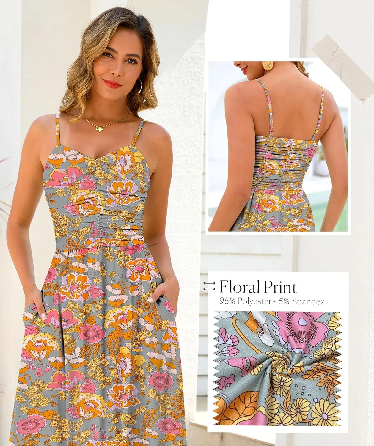 Maggeer Women's 2025 Summer Adjustable Spaghetti Strap Ruched Maxi Dress Floral Beach Boho Long Sundress with Pockets