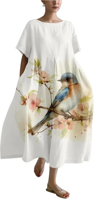MARSVOVO 2024 Summer Boho Floral Dresses Vintage Plus Size Crew Neck Casual Short Sleeve Loose Flowy Maxi Dress Women