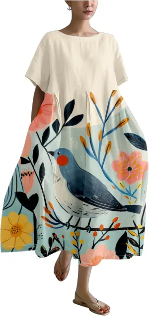 MARSVOVO 2024 Summer Boho Floral Dresses Vintage Plus Size Crew Neck Casual Short Sleeve Loose Flowy Maxi Dress Women