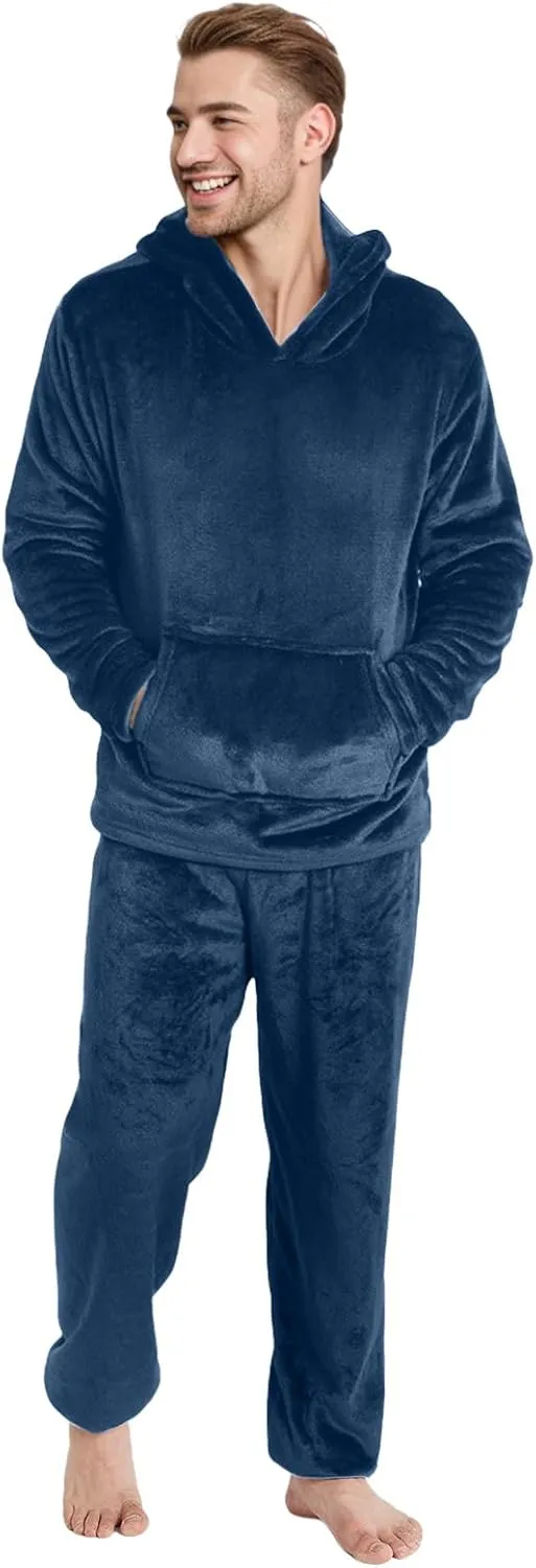 Men Pajama Set 2Pc Fleece Lounge Pants Hooded Long Sleeve Sleepwear Fuzzy Soft Pjs Set Loungewear with Pockets