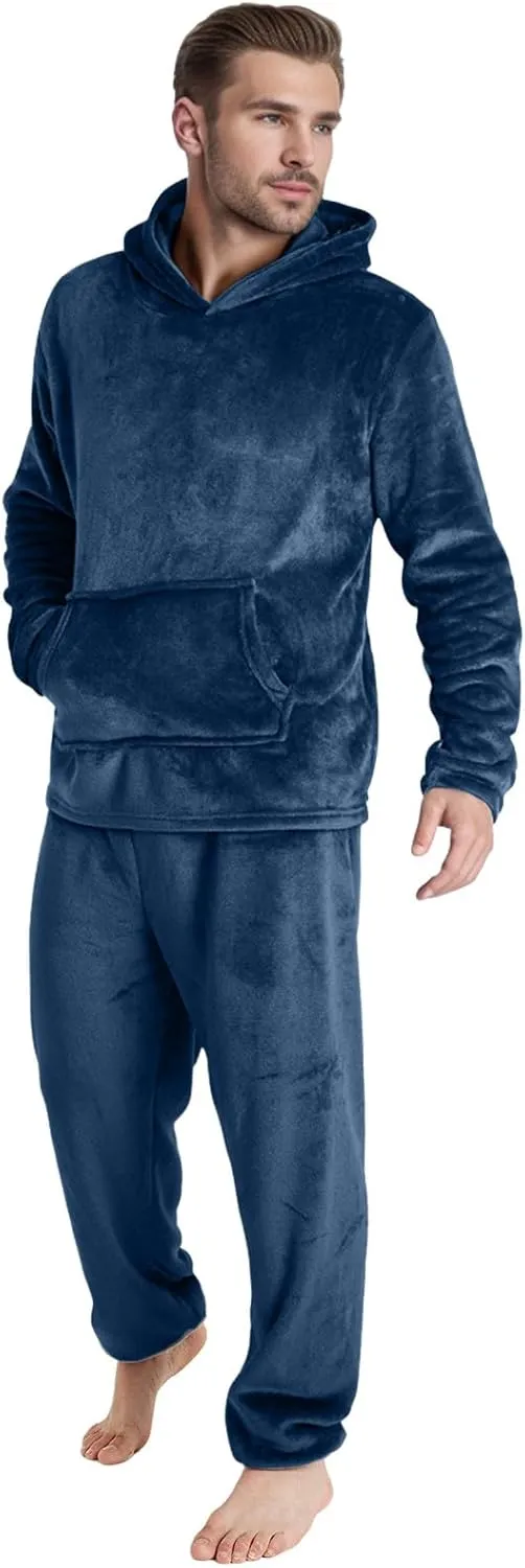Men Pajama Set 2Pc Fleece Lounge Pants Hooded Long Sleeve Sleepwear Fuzzy Soft Pjs Set Loungewear with Pockets