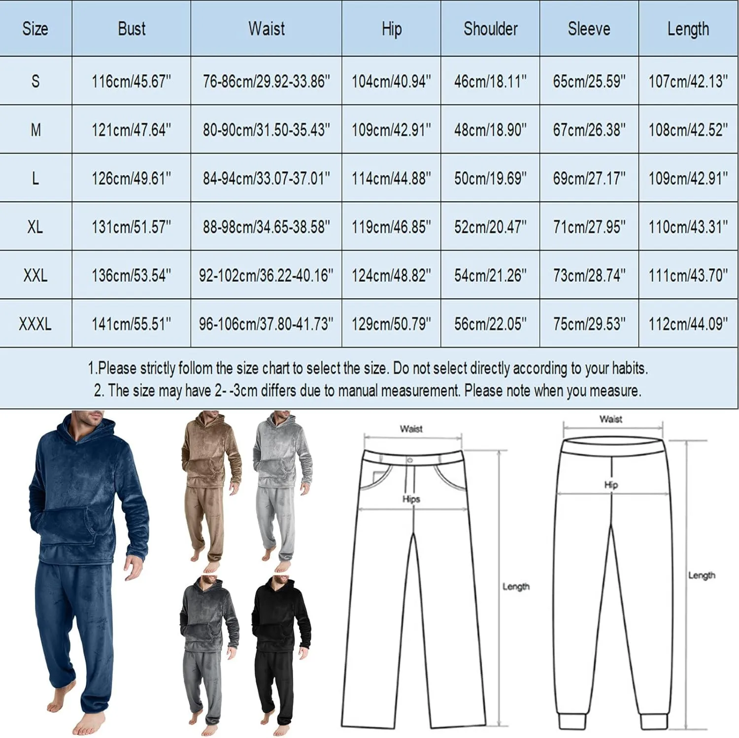 Men Pajama Set 2Pc Fleece Lounge Pants Hooded Long Sleeve Sleepwear Fuzzy Soft Pjs Set Loungewear with Pockets