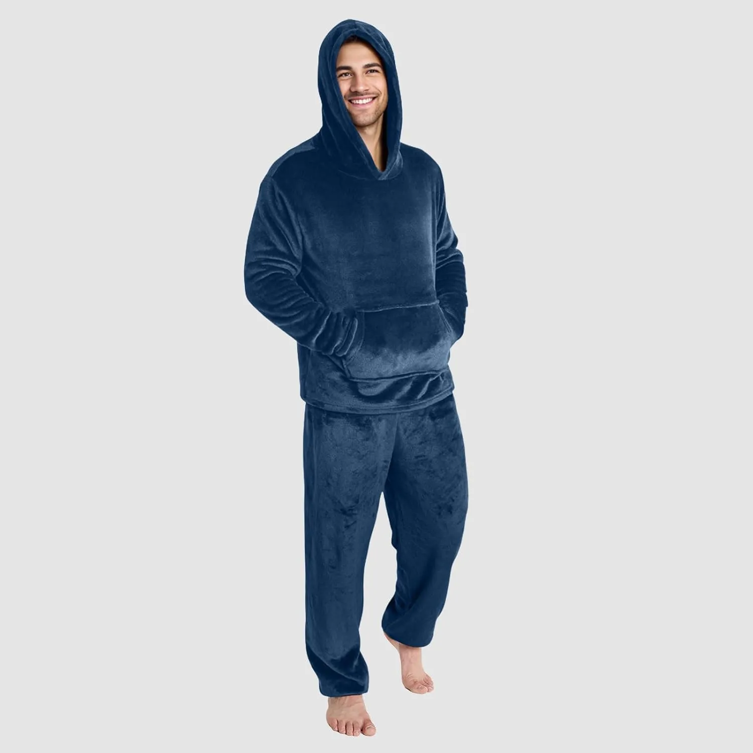 Men Pajama Set 2Pc Fleece Lounge Pants Hooded Long Sleeve Sleepwear Fuzzy Soft Pjs Set Loungewear with Pockets