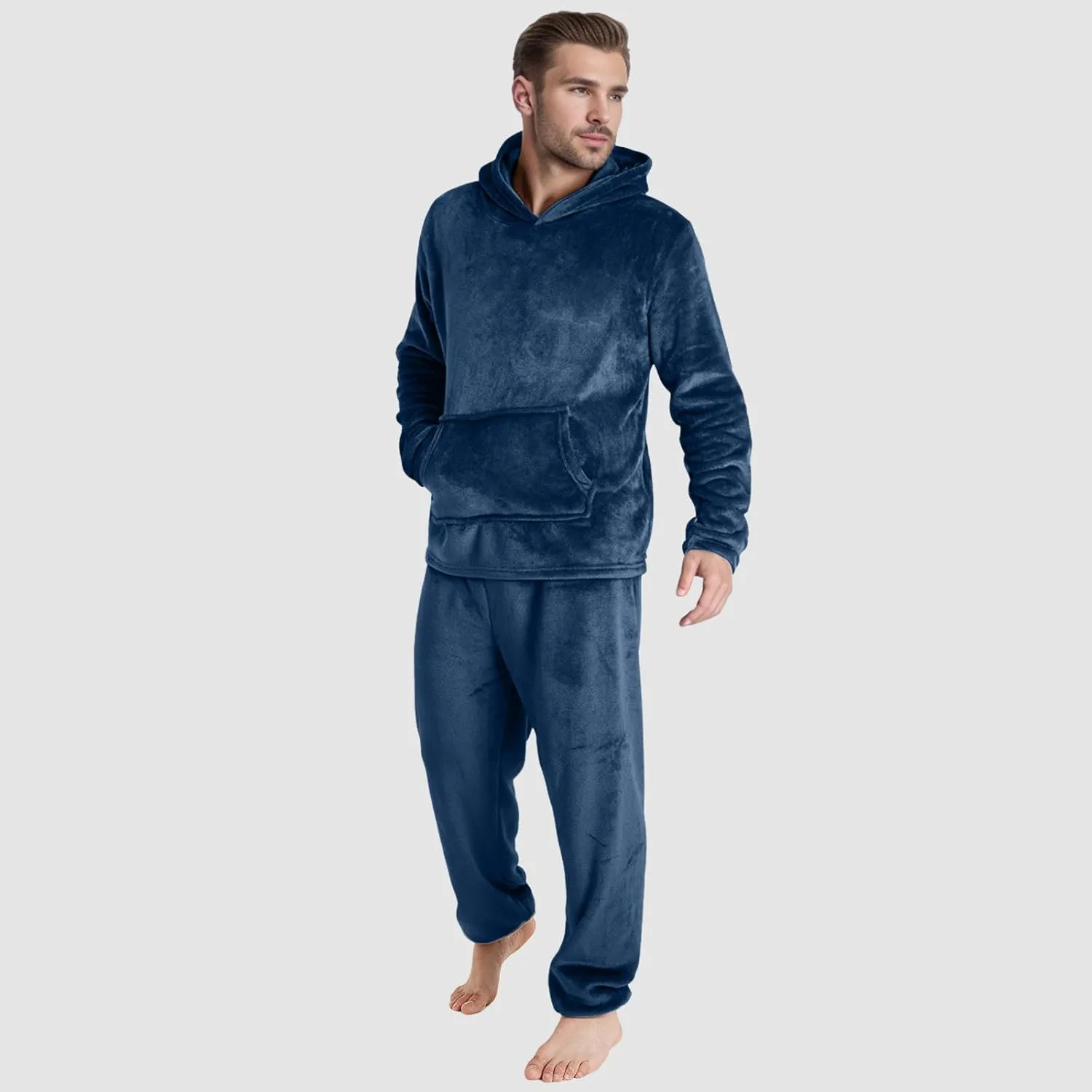 Men Pajama Set 2Pc Fleece Lounge Pants Hooded Long Sleeve Sleepwear Fuzzy Soft Pjs Set Loungewear with Pockets