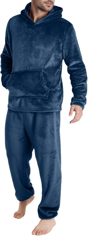 Men Pajama Set 2Pc Fleece Lounge Pants Hooded Long Sleeve Sleepwear Fuzzy Soft Pjs Set Loungewear with Pockets