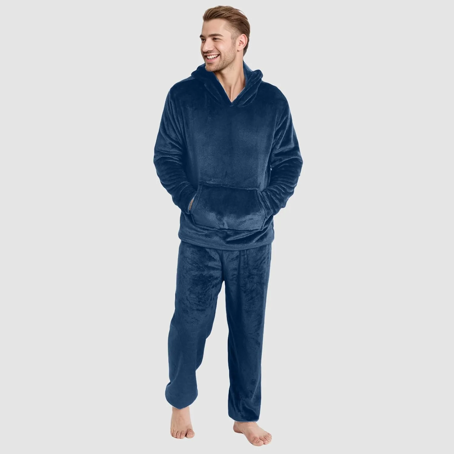 Men Pajama Set 2Pc Fleece Lounge Pants Hooded Long Sleeve Sleepwear Fuzzy Soft Pjs Set Loungewear with Pockets