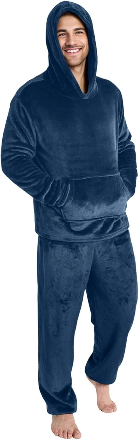 Men Pajama Set 2Pc Fleece Lounge Pants Hooded Long Sleeve Sleepwear Fuzzy Soft Pjs Set Loungewear with Pockets
