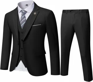 Men's 3 Pieces Slim Fit Suit Set, One Button Solid Jacket Vest Pants for Party, Business, Wedding, Homecoming