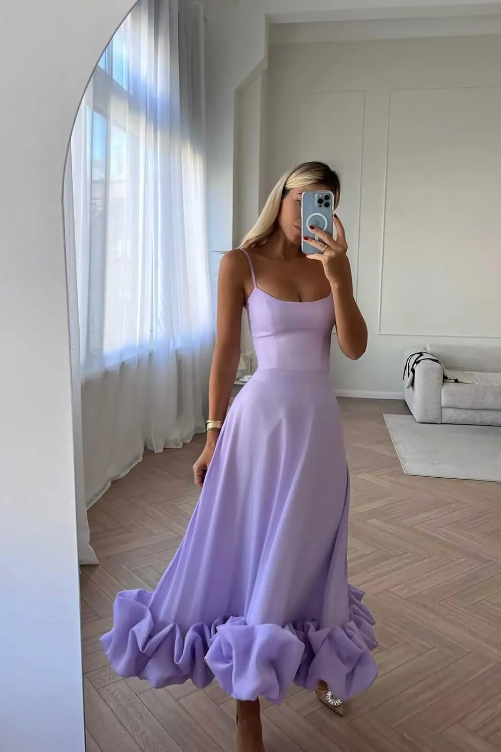 Midi Satin Prom Dresses for Women 2025 Tea Length 3D Flounce Ruffle A Line Formal Evening Party Gowns
