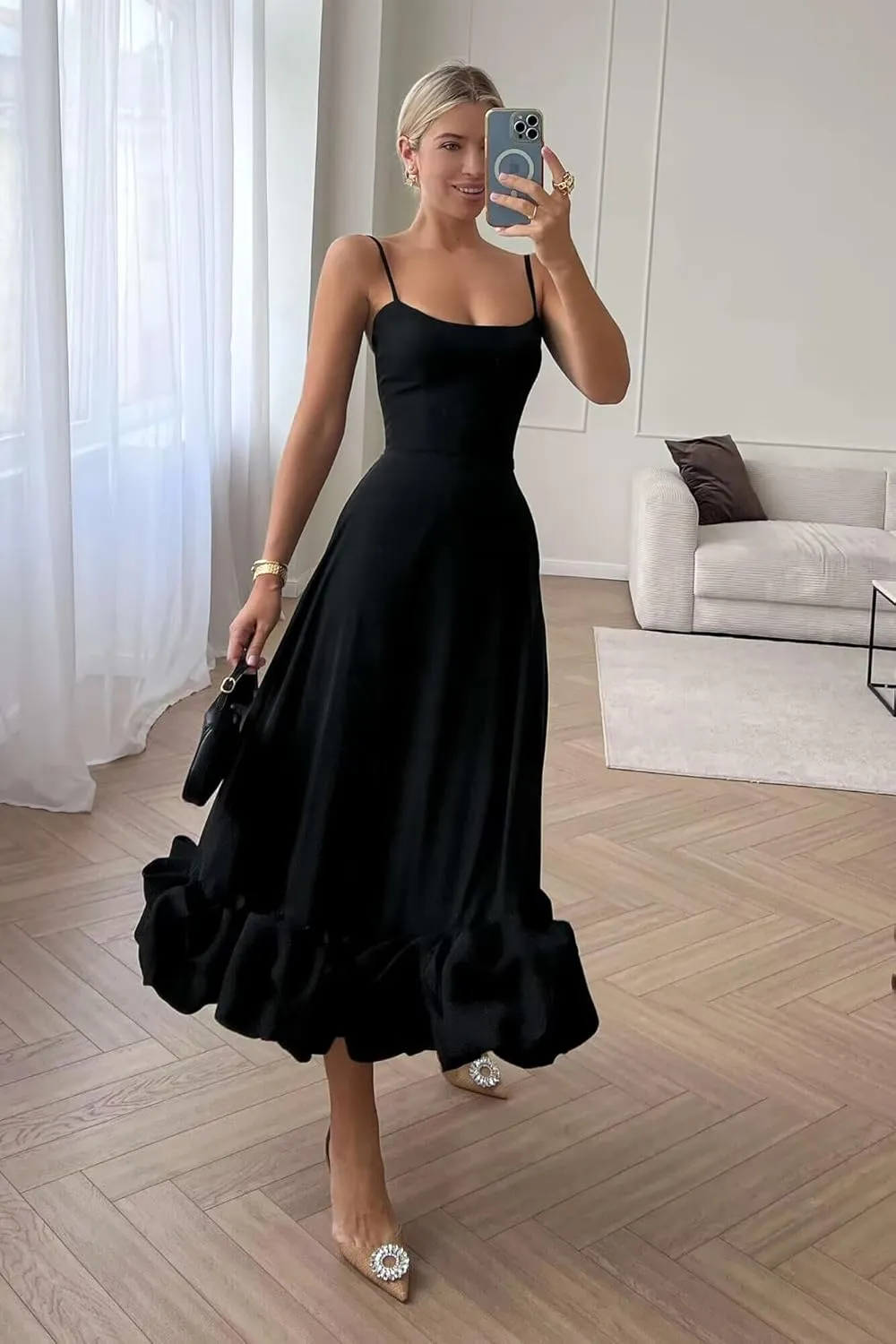 Midi Satin Prom Dresses for Women 2025 Tea Length 3D Flounce Ruffle A Line Formal Evening Party Gowns