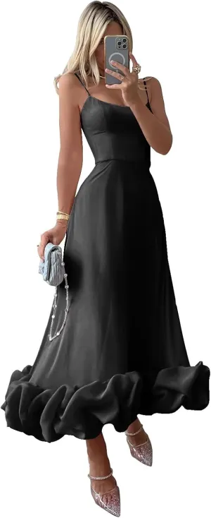 Midi Satin Prom Dresses for Women 2025 Tea Length 3D Flounce Ruffle A Line Formal Evening Party Gowns