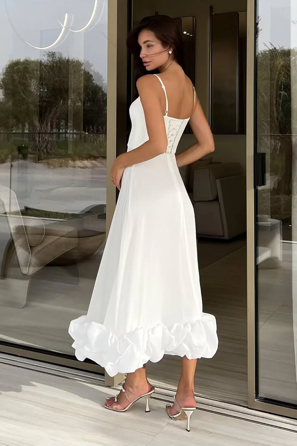 Midi Satin Prom Dresses for Women 2025 Tea Length 3D Flounce Ruffle A Line Formal Evening Party Gowns