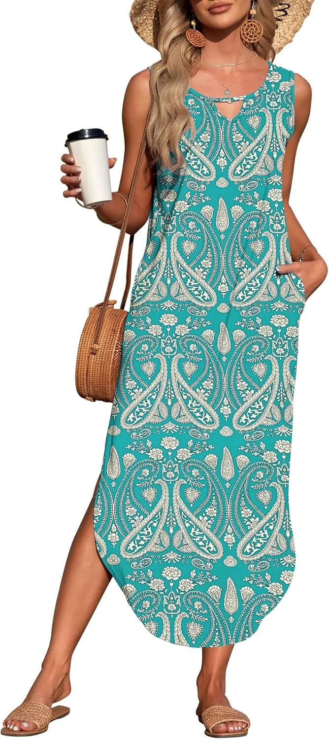 MISFAY Women's Summer Maxi Dress Sleeveless Loose Long Beach Split Dresses with Pockets