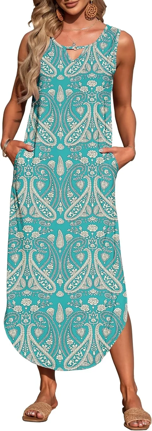 MISFAY Women's Summer Maxi Dress Sleeveless Loose Long Beach Split Dresses with Pockets