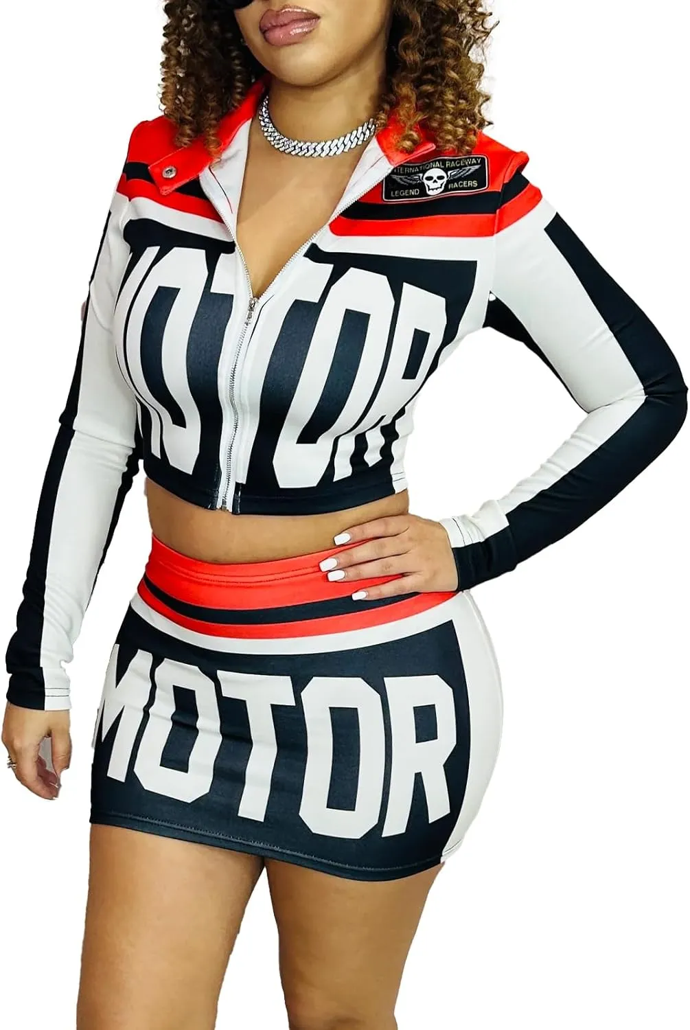 Molilove Women's 2 Piece Outfits Zipper Jacket High Waist Bodycon Mini Skirt Set Motorcycle Varsity Jacket Coat Streetwear