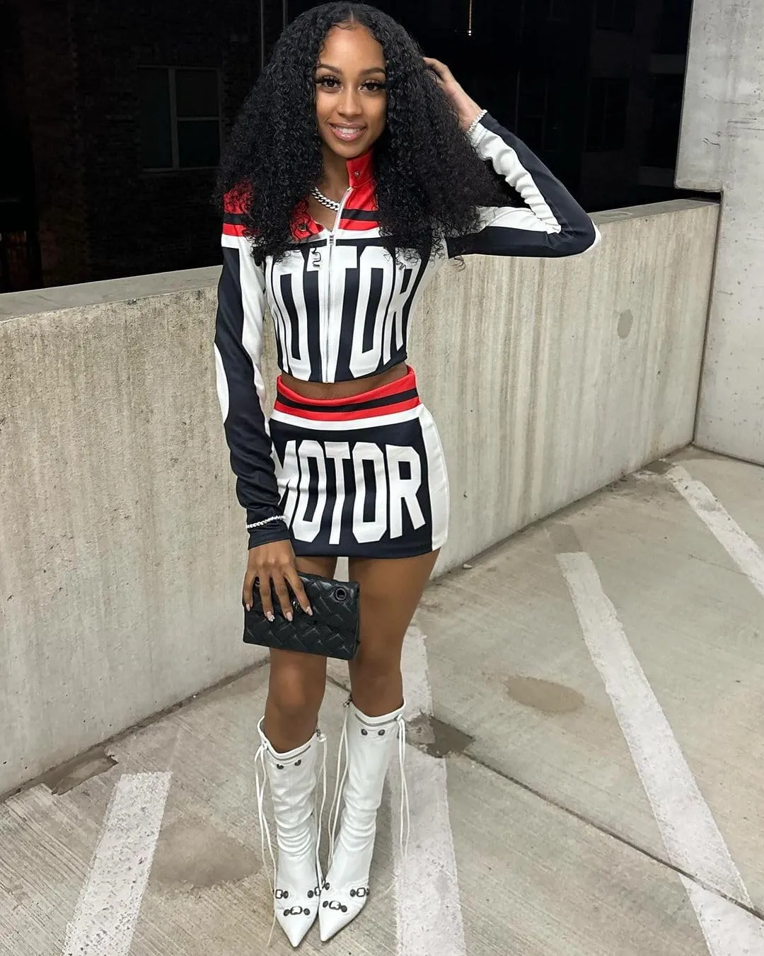 Molilove Women's 2 Piece Outfits Zipper Jacket High Waist Bodycon Mini Skirt Set Motorcycle Varsity Jacket Coat Streetwear